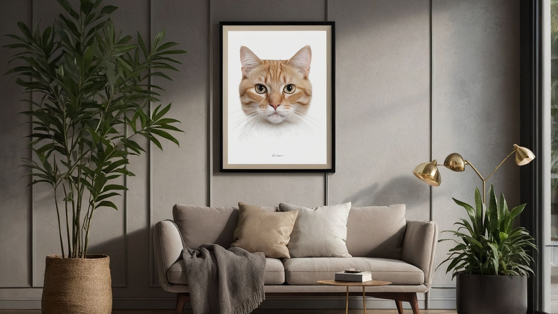 Tableau encadré représentant un chat élégant dans un intérieur moderne et raffiné, en format vertical ou horizontal